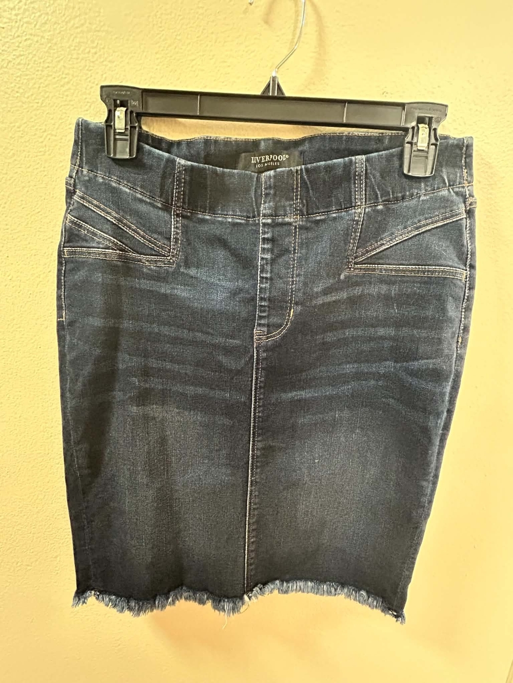 Liverpool Dark Blue Denim Midi Skirt with Frayed Hem